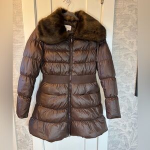 Brown Shimmer Puffer Knee Length Jacket Coat Laundry by Shelli Segal Sz Medium